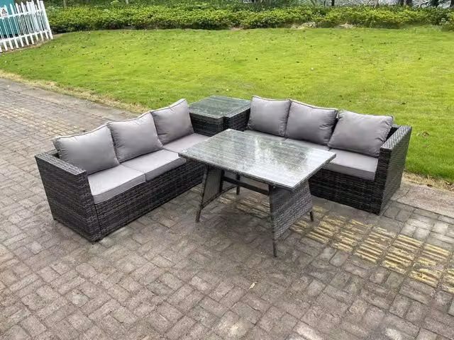 Fimous 6 Seater Wicker PE Rattan Garden Dining Set with Sofa, Dining Table and Side Table in Dark Grey