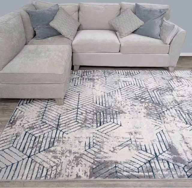 The Rug House Modern Geometric Motif Area Rug in Grey and Blue, W 150 cm x D 80 cm