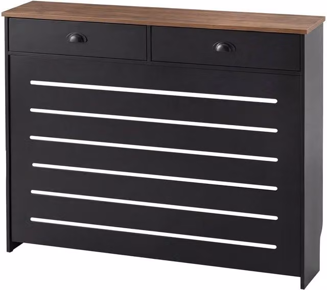 VOGREX Modern Slat Radiator Cover Cabinet with Drawers and Storage Shelf in Matt Black
