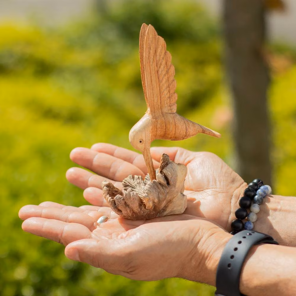 Serenityy Handmade Natural Wood Carved Hummingbird Tabletop Ornament in Brown – 2