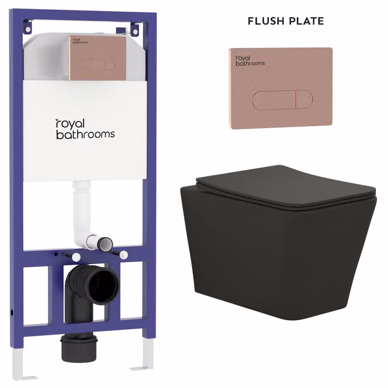 Royal Bathrooms Elena Matt Black Rimless Wall Hung Ceramic Toilet with Slim Soft Close Seat and Aqua Brushed Bronze Plate Wall Hung Frame