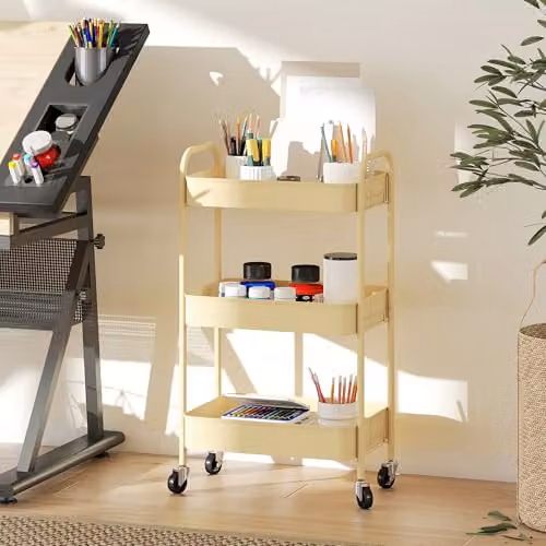 HOMCOM 3-Tier Rolling Utility Storage Trolley with Mesh Baskets, Yellow, W/D/H: 45 x 30.6 x 79 cm – 4