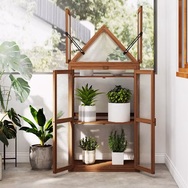 Costway Mini Cold Frame Greenhouse with Transparent Shelving in Brown