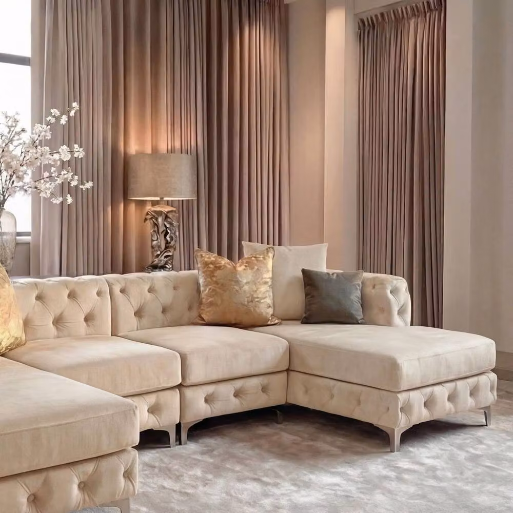 Sofaya Monaco 4 Seater Chesterfield U-Shaped Chaise Sofa in Beige Velvet – 2