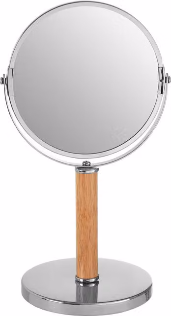 Maison by Premier Cassini Round Modern Tabletop Mirror in Silver Chrome and Rubberwood