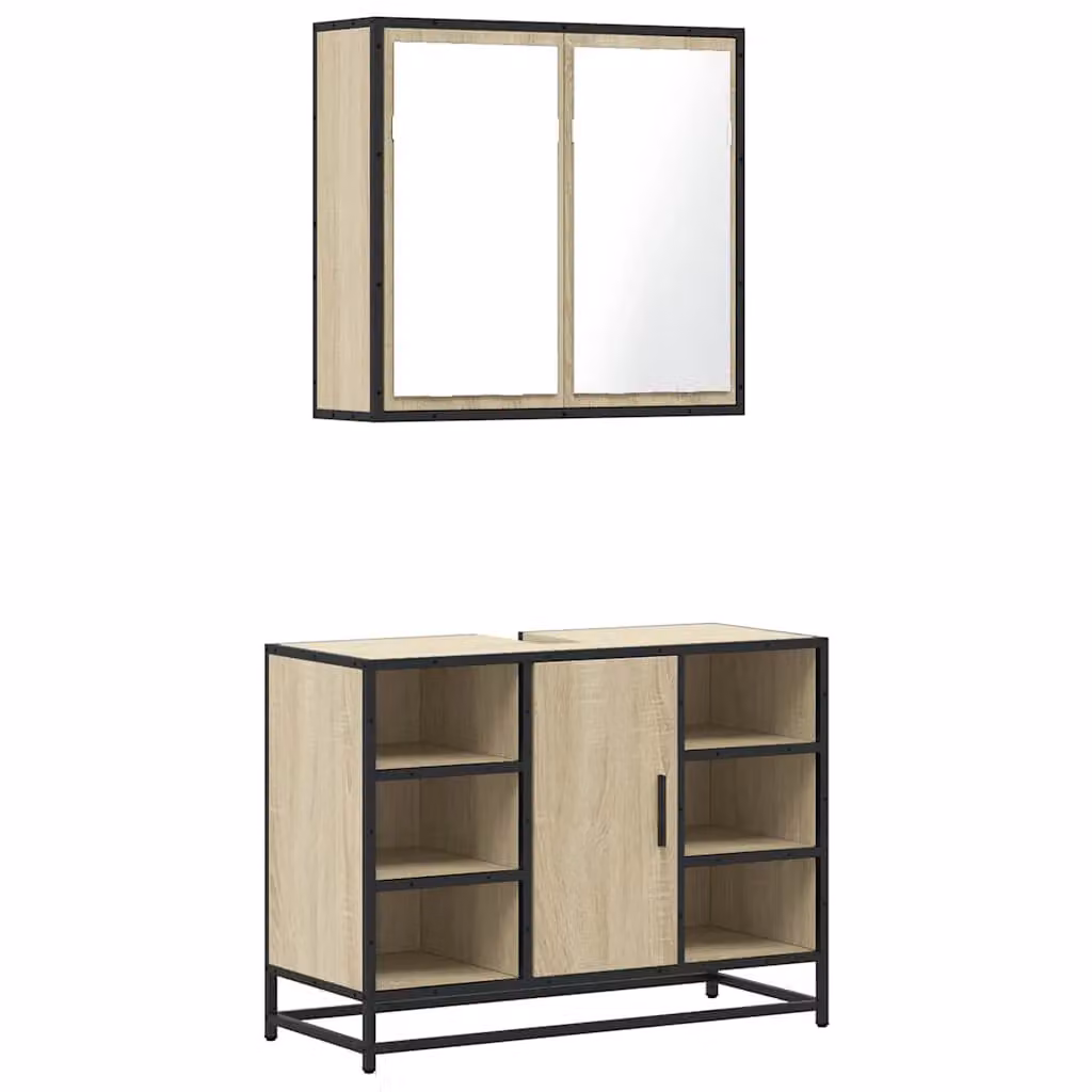 Berkfield Home 2 Piece Industrial Bathroom Furniture Set in Brown Sonoma Oak with Vanity Unit and Mirror Cabinet – 2