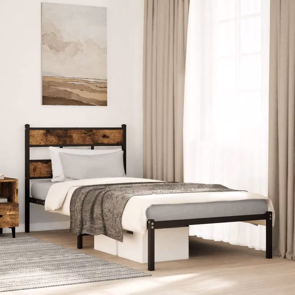 Berkfield Home Metal Single Bed Frame in Smoked Oak Brown, W/D/H: 90 x 190 cm – 2