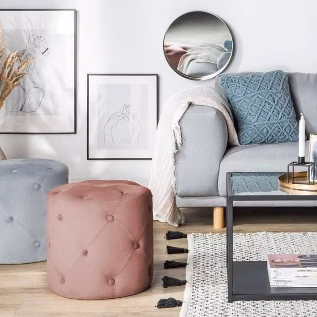 Wyld and Coco Pink Velvet Chesterfield Round Tufted Ottoman Pouffe W/D/H: 40 x 40 x 40 cm