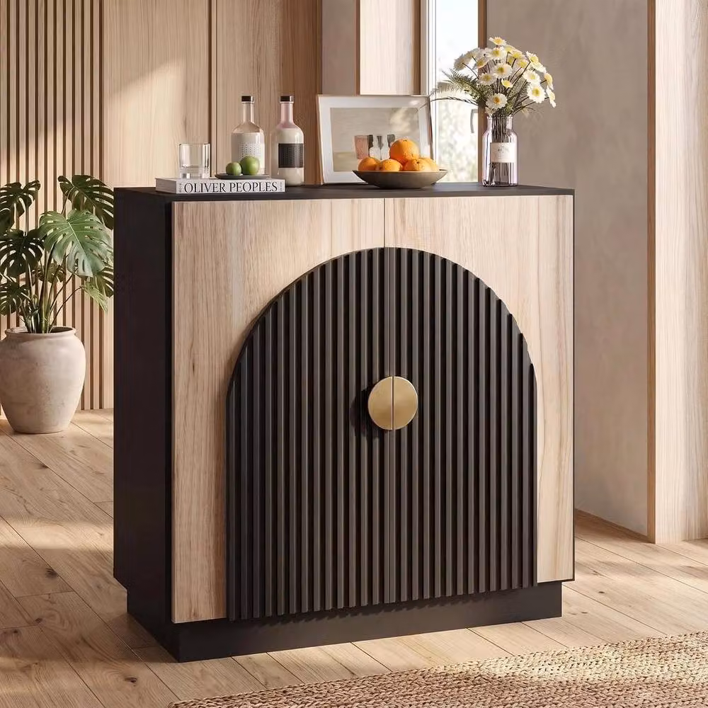KORVIXA Fluted Sideboard Cabinet with Arched Doors and Gold Handles in Black, W: 100 cm, H: 100 cm – 3