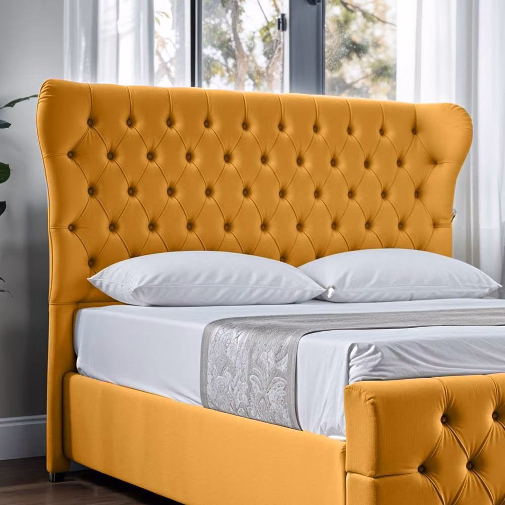 UK Bed Furniture Isabella Upholstered Slatted Base Bed with 48 Inch Wingback Headboard in Yellow Velvet, Size: 120 x 200 cm – 3