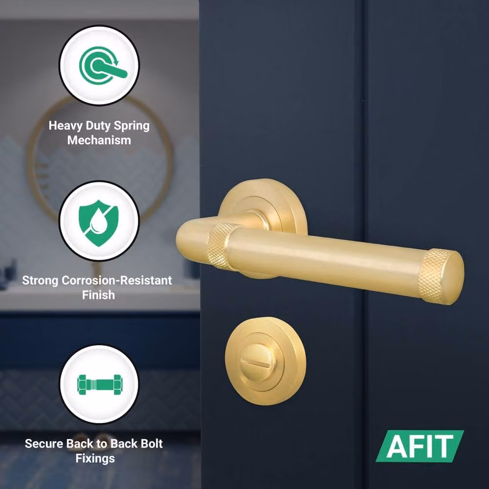 AFIT Satin Brass Bathroom Door Handle Set with Lock and Hinges in Gold – 2