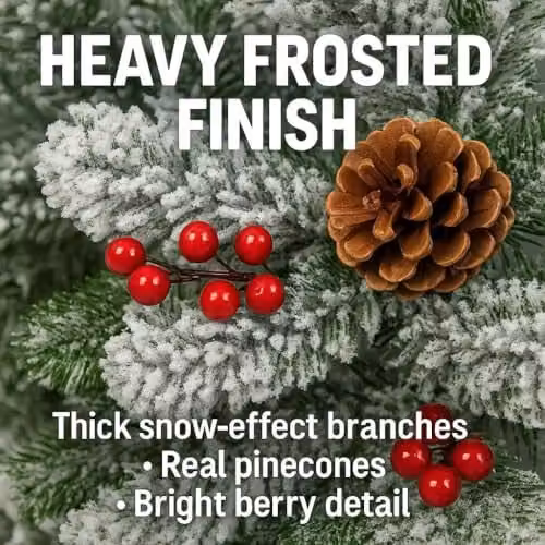 HomeZone Premium 9ft Snow Frosted Christmas Garland with Pine Cones in Green and White – 5