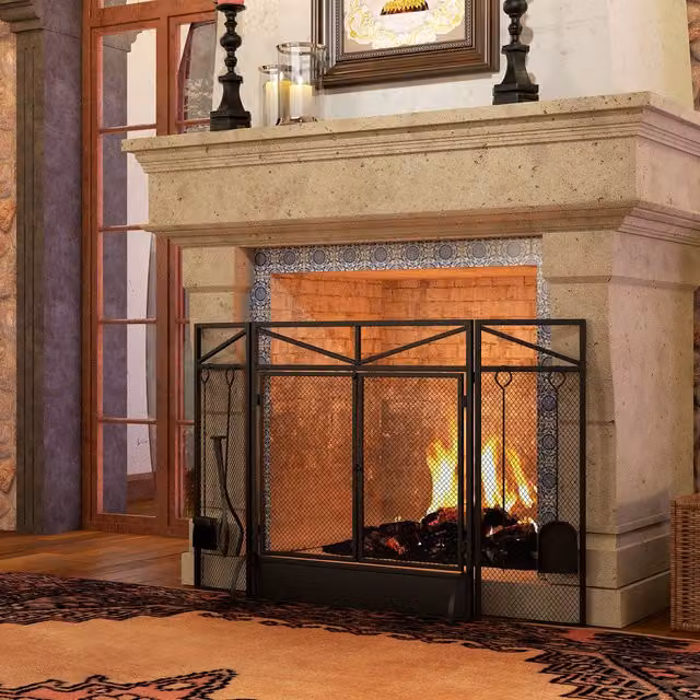 HOMCOM 3 Panel Folding Fire Guard Screen with Fireplace Tool Set, Black