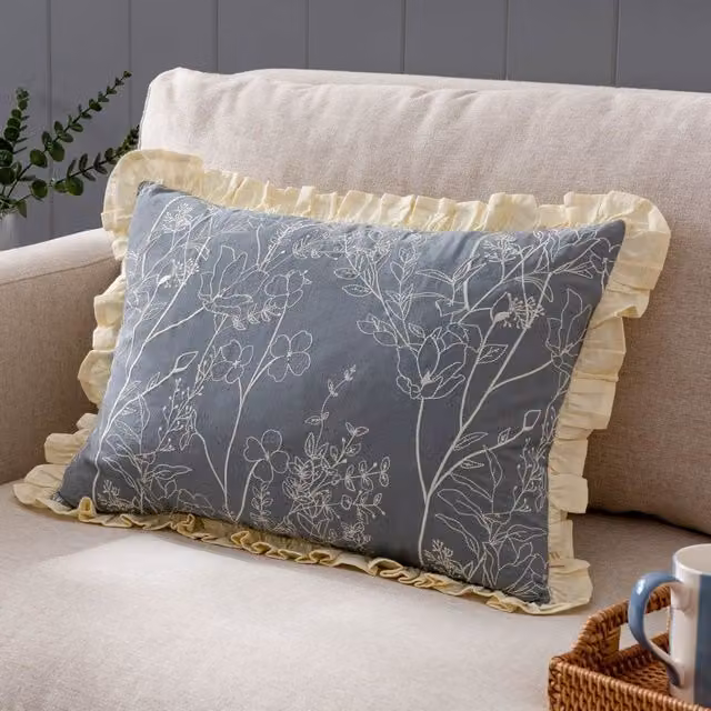 Wylder Mae Floral Embroidered Cotton Cushion in Blue, W/H: 50 x 35 cm – 1