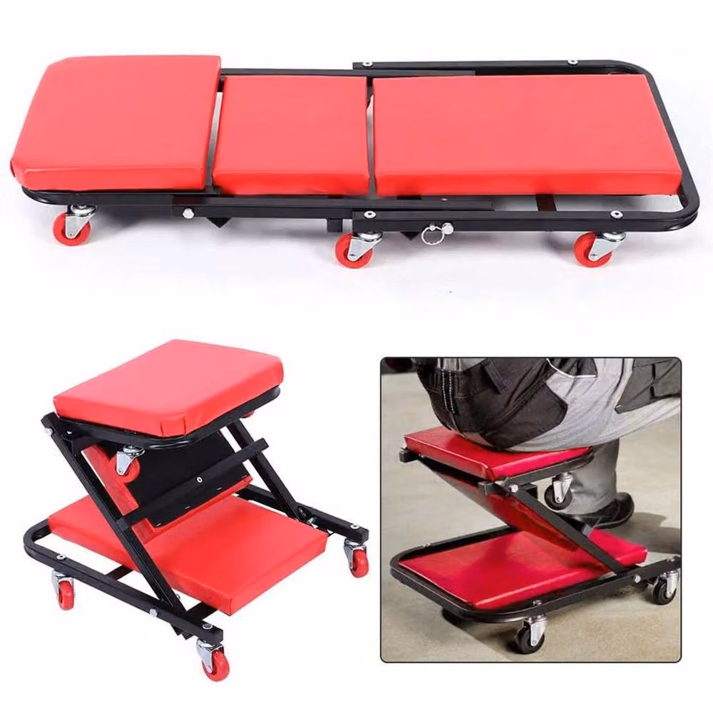 FLAVORA 6-Wheel Folding Mechanic Creeper Stool in Red, W: 52 cm, L: 1000 cm – 2