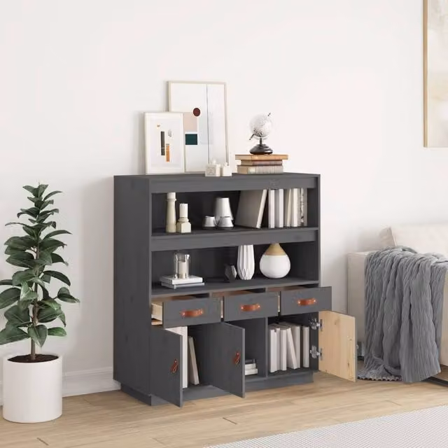 Berkfield Home Grey Solid Wood Pine Highboard W/D/H: 100 x 40 x 108.5 cm – 1