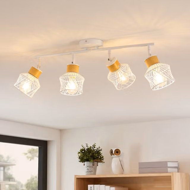 GOECO White Industrial Ceiling Light with 4 Adjustable E27 Spotlights in Metal and Wood