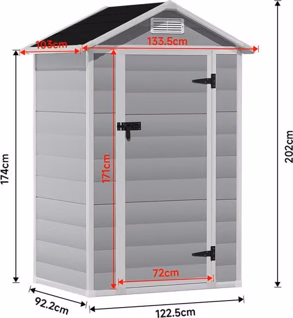 Breeins Grey Practical Tool Shed with Ventilation and Organised Storage, W: 134.11 cm, D: 92.2 cm, H: 202.0 cm