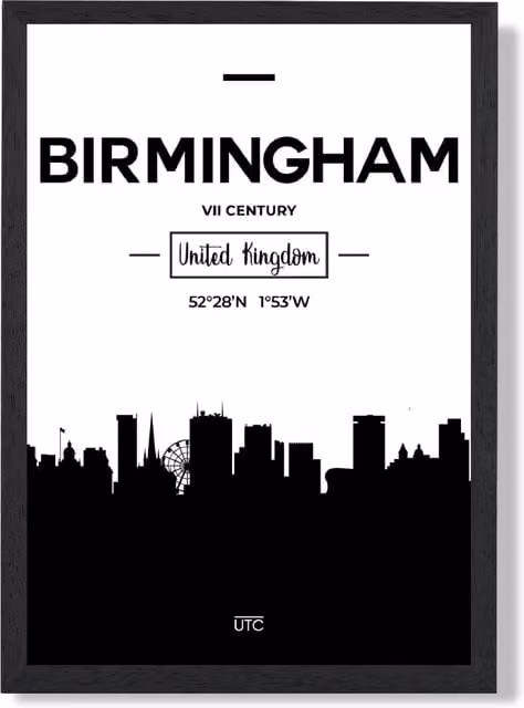 ARTZE Birmingham Black and White City Skyline Framed Paper Print – 1