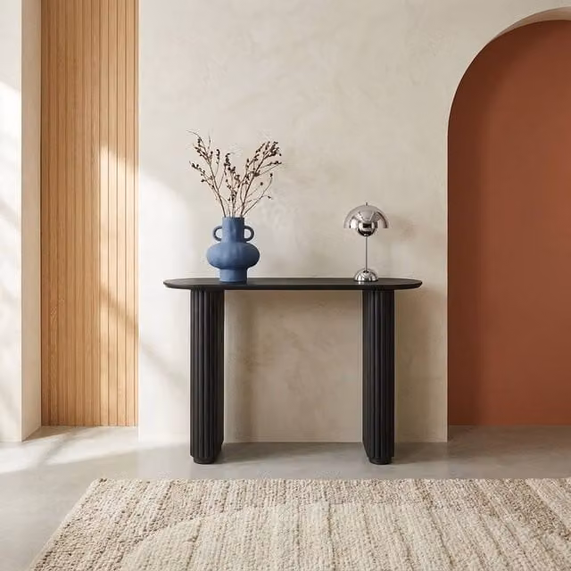 sweeek Oval Console Table in Black Rubberwood and Oak-Effect Veneer