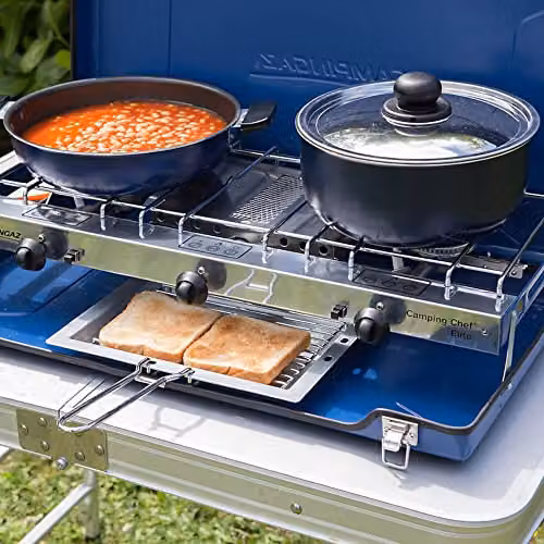 Campingaz Chef Folding Double Burner Stove and Grill, Blue Tabletop Gas Cooker with Piezo Ignition – 3