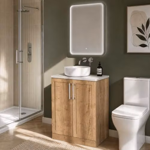 Balterley Stonnall Traditional Floor Standing 2 Door Bathroom Vanity Unit in Autumn Oak with White Sparkle Laminate Worktop, W: 60 cm, D: 46 cm, H: 81.8 cm – 2