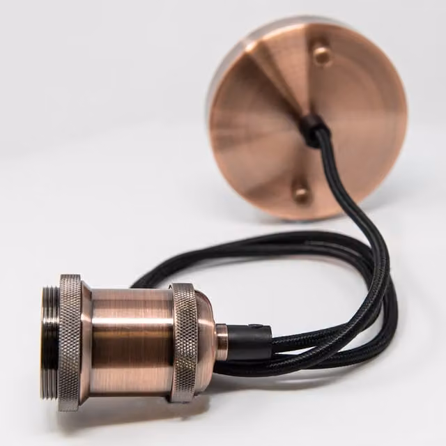 TIMELED Antik Vintage Pendant Fitting with Fabric Shade in Copper, Gold/Brass and Black