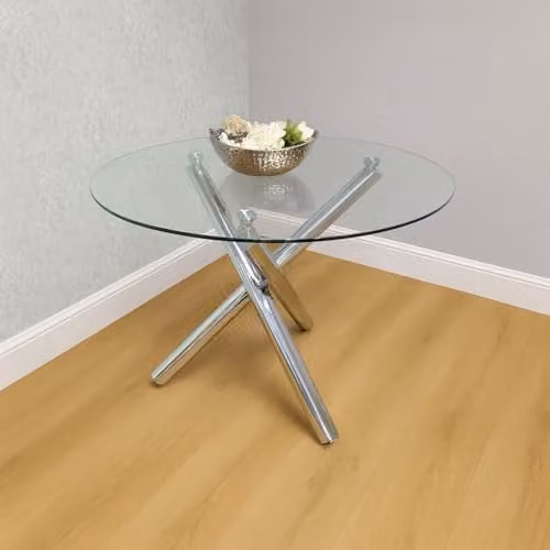 KOSY KOALA Modern Round Clear Glass Dining Table with Silver Metal X-Frame, H 75 x W 90 x D 90 cm