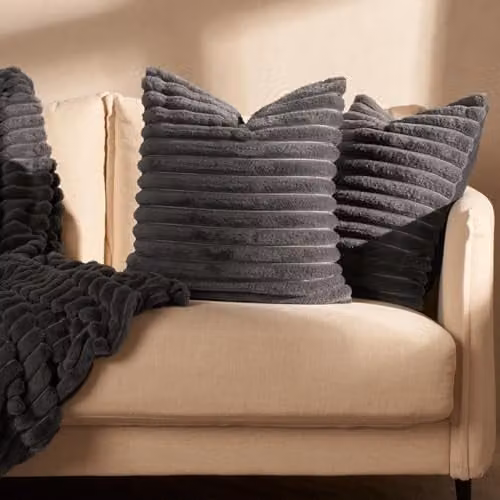 OHS Pack of 2 Faux Fur Teddy Ribbed Square Cushion Covers in Anthracite Grey, W/D/H: 45 x 45 x 45 cm