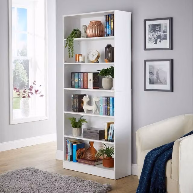 Home Source Clara Tall Wide Storage Bookcase with Adjustable Shelves in White