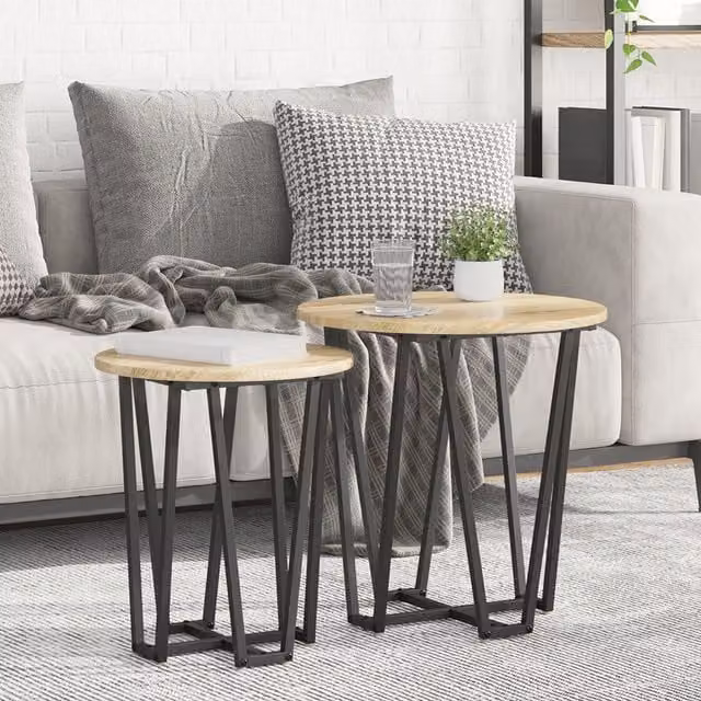 Berkfield Home Set of 2 Modern Round Nested Side Tables in Beige with Wood and Metal Construction