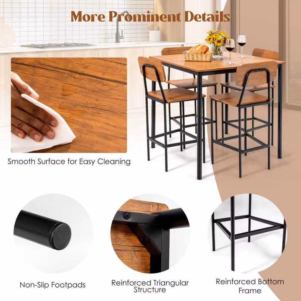 Costway Industrial Dining Table Set with 4 Stools in Brown – 4