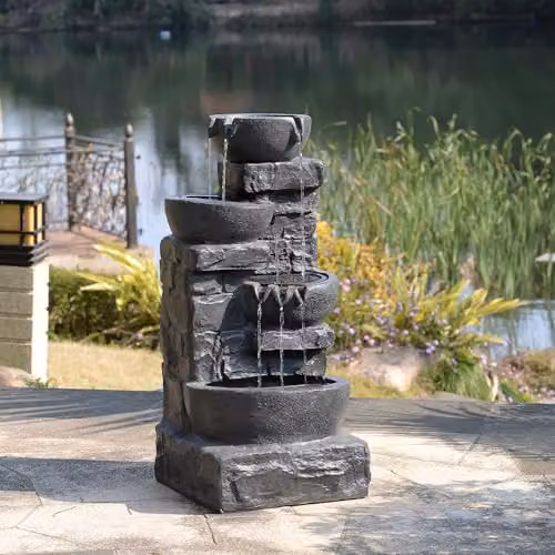 Teamson Home 4 Tier Cascading Bowl Outdoor Water Feature with Warm LED Lights, Dark Grey, W/D/H: 39.5 x 39.5 x 82.5 cm – 2