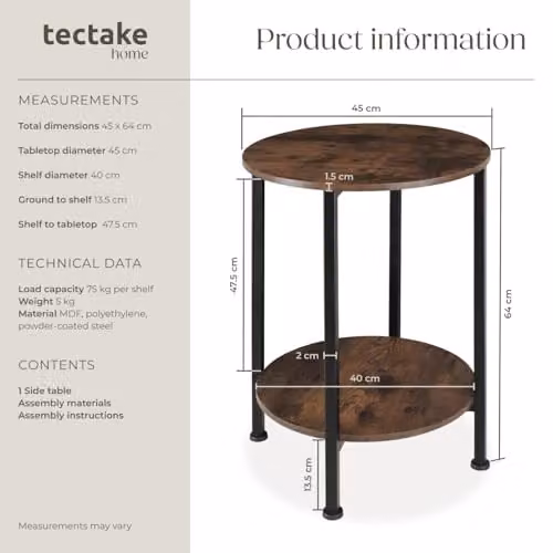 tectake Ballina Bedside Table in Dark Brown with Industrial Design, Diameter: 45 cm, Height: 64 cm – 3