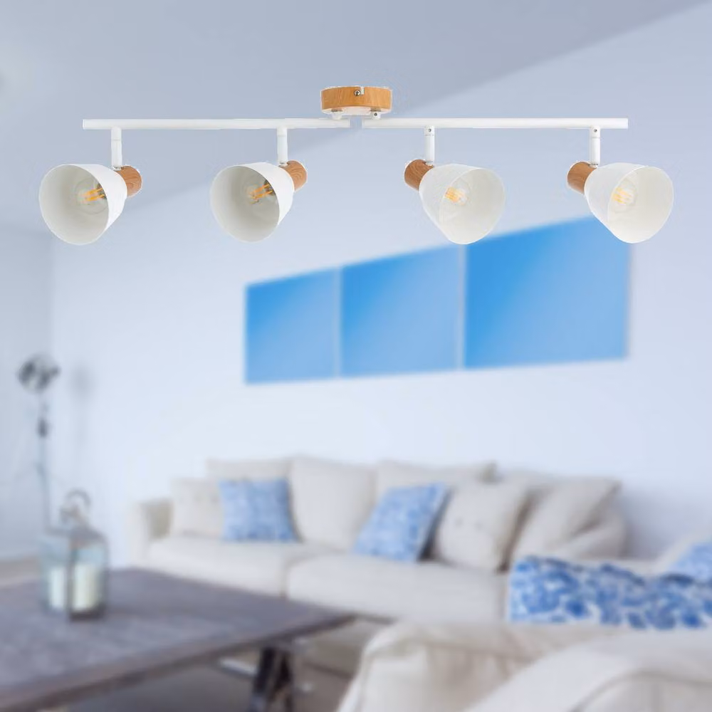 First Choice Lighting Lorel Set of 2 4-Way Ceiling Spotlights in White and Wood Detail, Adjustable and Dimmable – 2