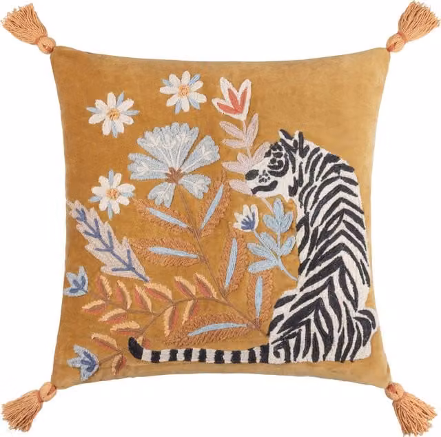 White Tiger Embroidered Tasselled Cushion in Gold, White, Black and Yellow with Feather Filling