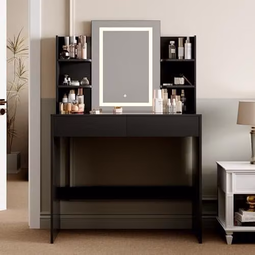 MCC Direct Texas Dressing Table with LED Hollywood Mirror and Drawers, Black, W/D/H: 135.5 x 90 x 40 cm