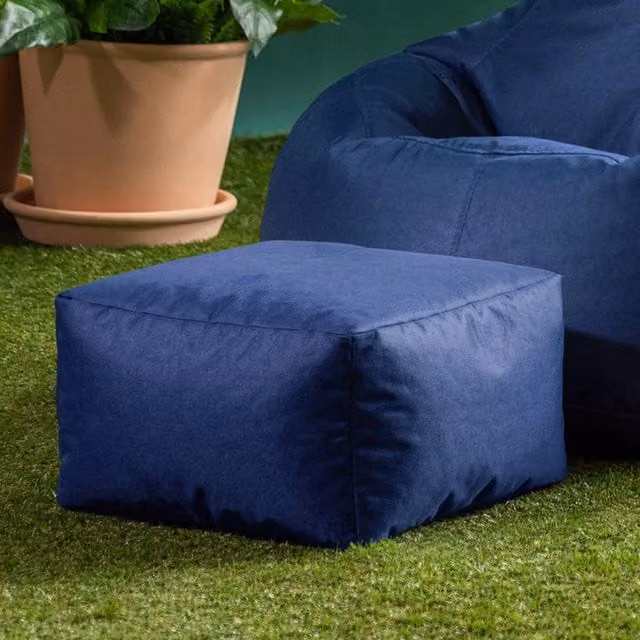Bean Bag Bazaar Blue Fabric Cube Bean Bag Footstool for Indoor and Outdoor Use