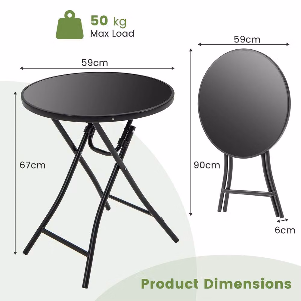 Costway Folding Round Patio Bistro Table with Black Tempered Glass Toptop – 5
