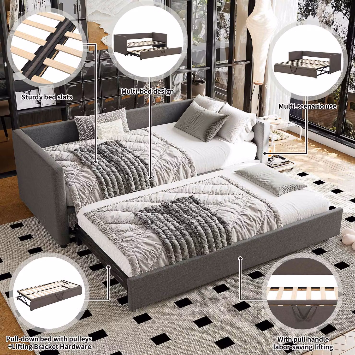 Aosom.UK Grey Upholstered Single Day Bed with Pull-Out Bottom Bed, Converts to Double Floor Bed, W/D/H: 191 x 203 x 73 cm – 3