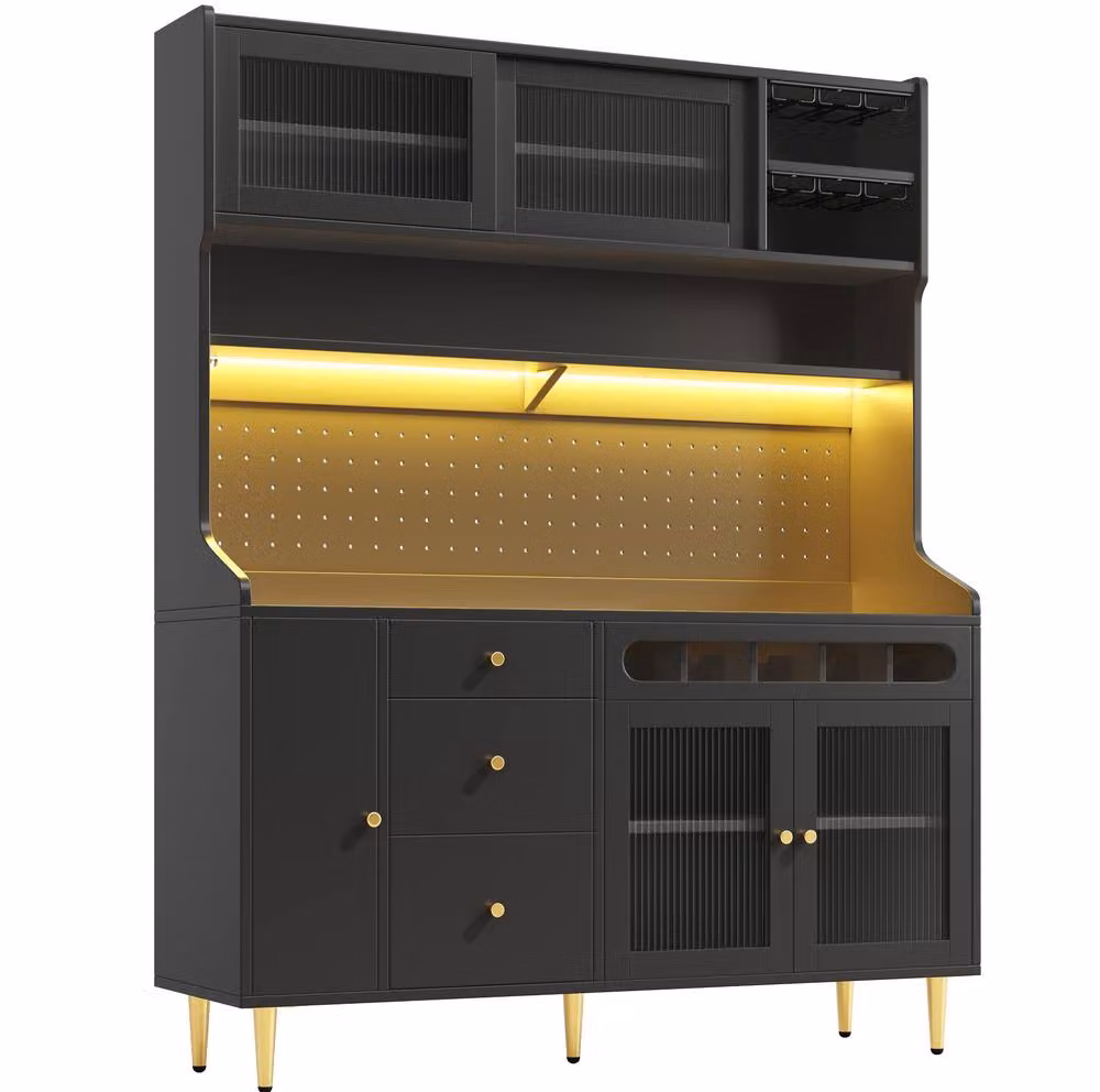 STILVORA Modern Tall Cabinet with Integrated LED Lighting and Black Sliding Glass Doors – 5
