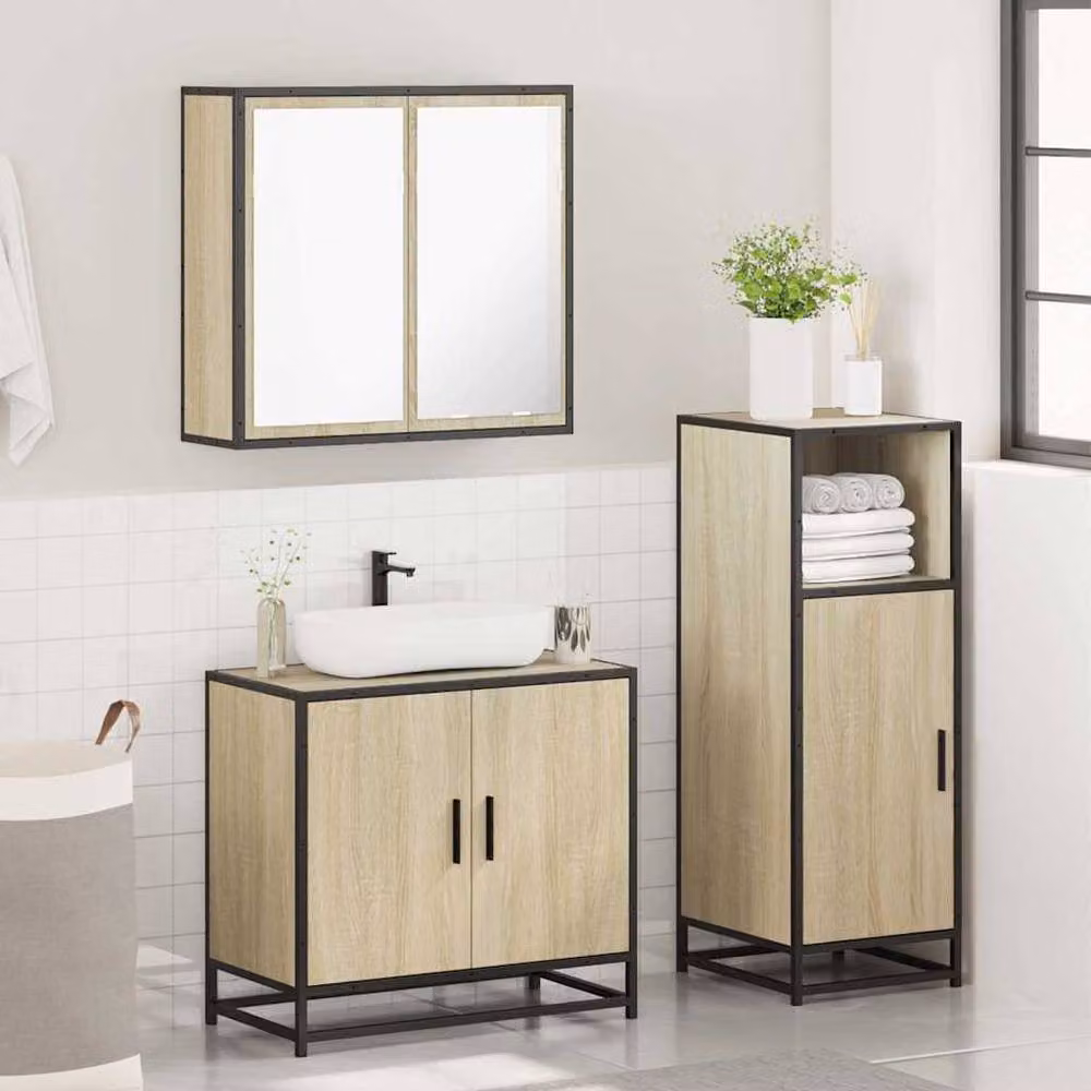 Berkfield Home 3 Piece Industrial Bathroom Furniture Set in Sonoma Oak and Beige – 2