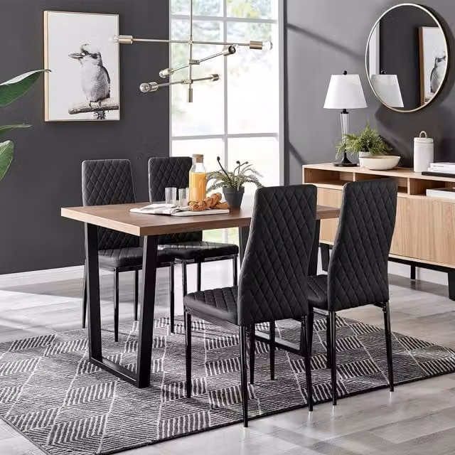 FurnitureboxUK Kylo Brown Wood Effect Dining Table with Black U-Legs and 4 Milan Faux Leather Chairs – 1