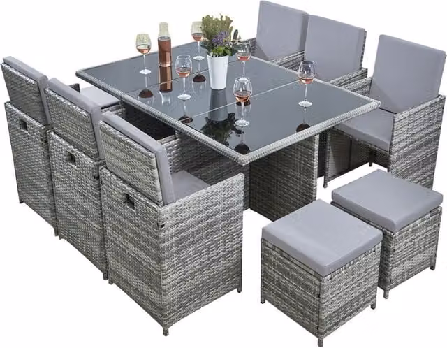 RayGar Deluxe 10 Seater Grey Rattan Cube Garden Furniture Patio Set with Fabric Upholstery and Scatter Cushions