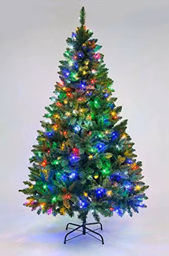 Shatchi 7ft Imperial Pine Artificial Christmas Tree with Multicolour LEDs in Green