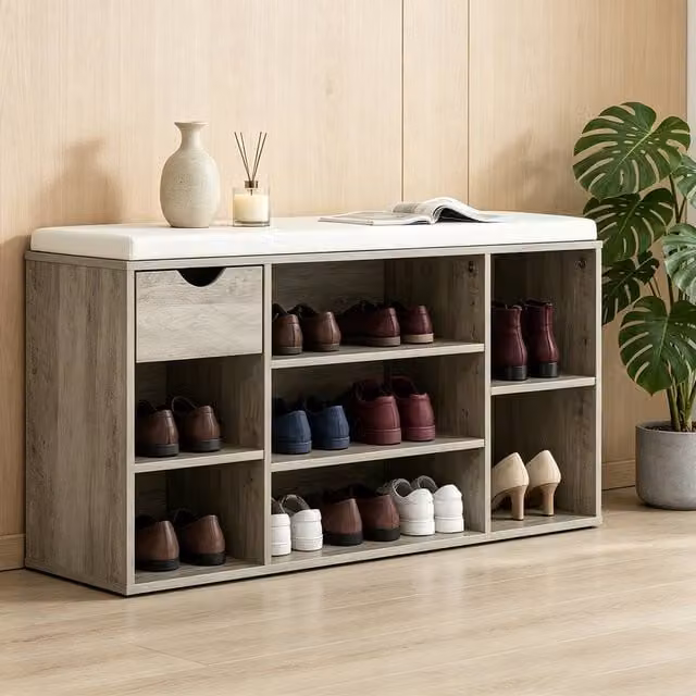 ERGOVEXA Grey Fabric Shoe Storage Bench with Cushion and Drawer – 1