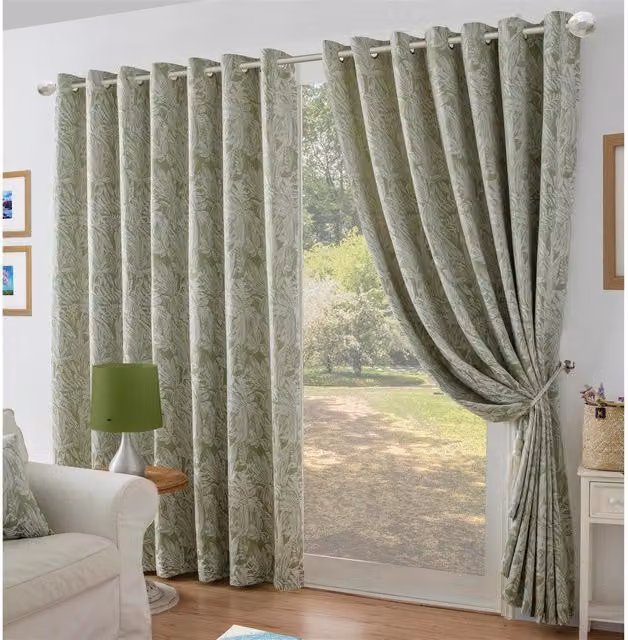 Livinluxury Green Chenille Jacquard Floral Eyelet Curtains, Thermal Insulating and Opaque, Width: 274 cm, Height: 229 cm