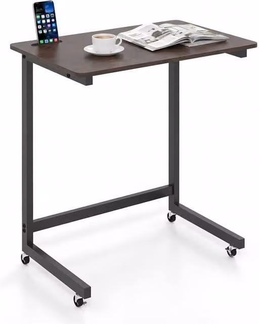 Gymax C-shaped Mobile Bedside Table with Castors, Brown, H: 66.0 cm x W: 60.0 cm x D: 35.0 cm – 1