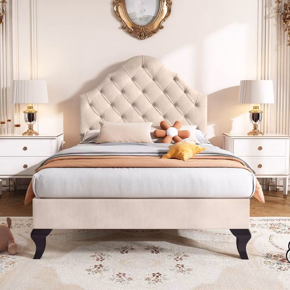 Merax 3FT Single Velvet Upholstered Bed Frame in Beige, W/D/H: 90 x 190 cm – 2
