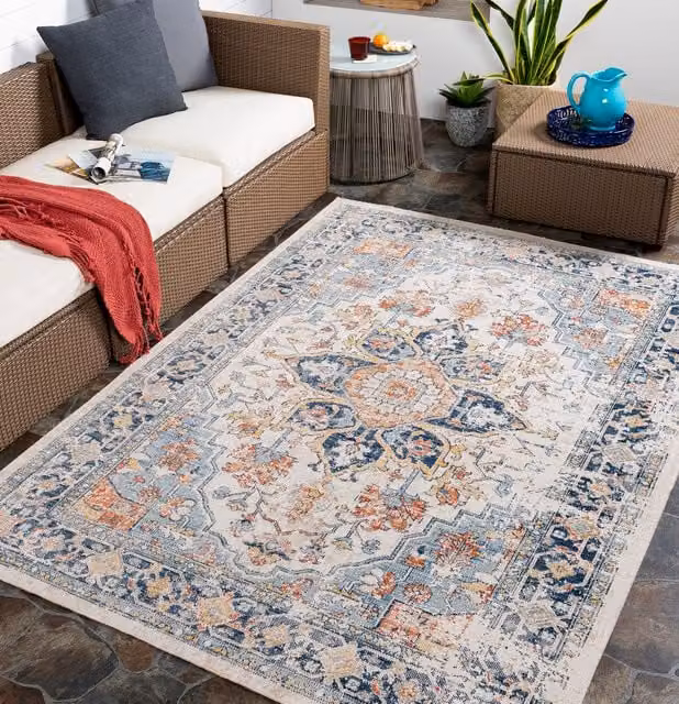 Livabliss Huntington Beach Vintage Round In & Outdoor Rug in Blue, Beige and Orange, Diameter: 160 cm